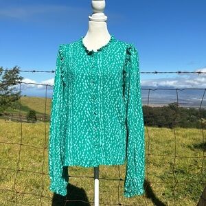 XIX Palms Honolulu Hawaii Green Printed Ruffle Balloon Sleeve Blouse L